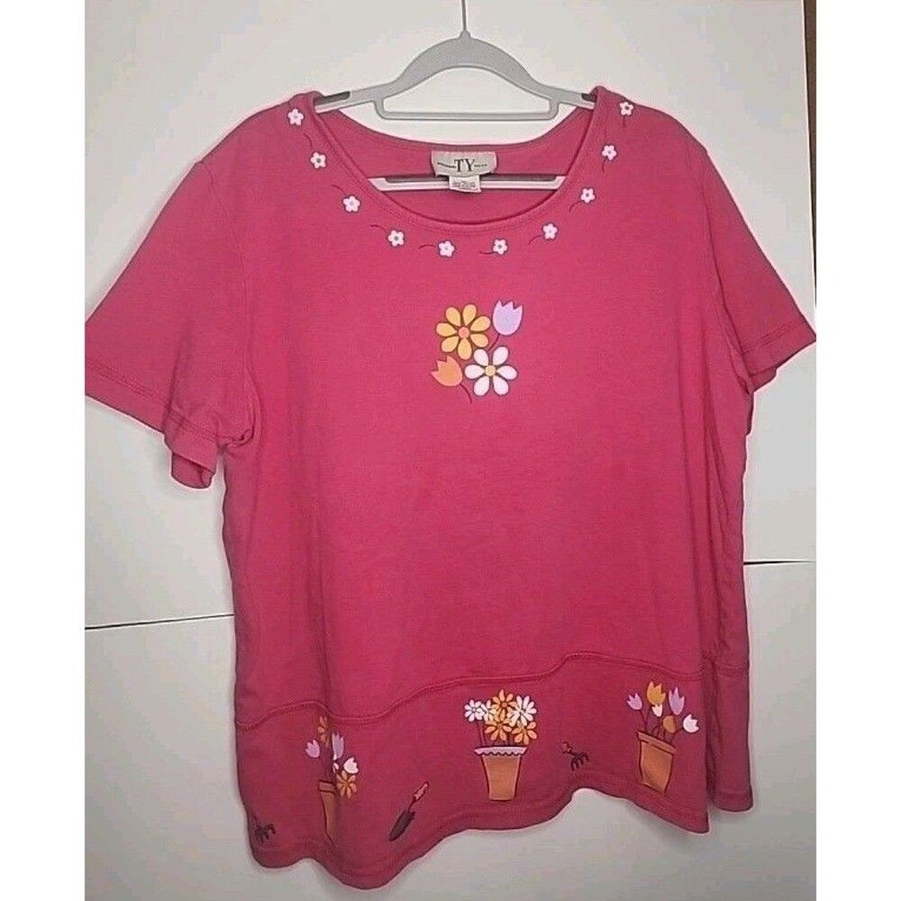 Vintage Garden Floral T-Shirt Pink Daisy Print TY Wear Size XL